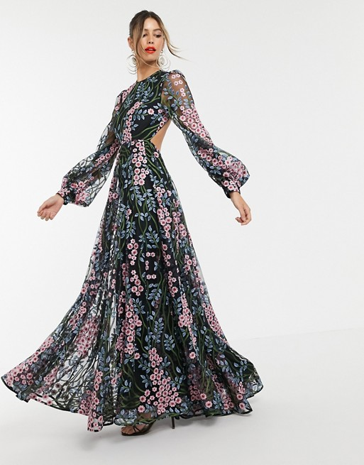 Printing Long Sleeve Chiffon Backless Slim Girls Long Dress Cocktail Evening Party Dress