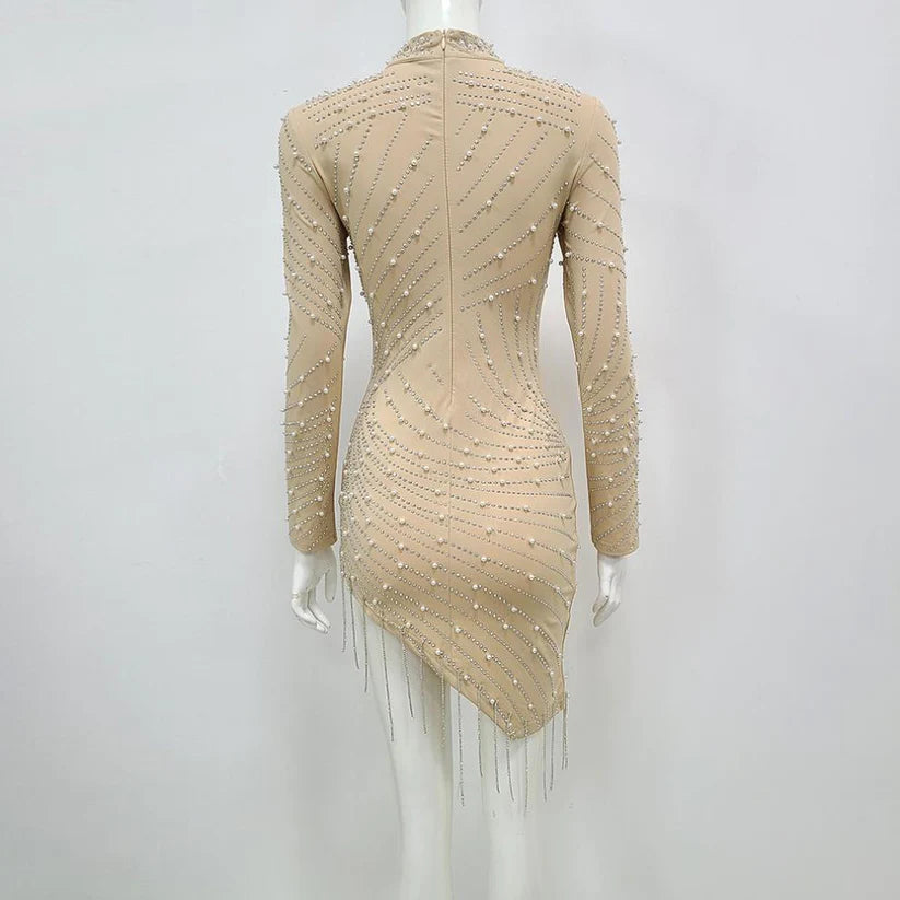 Women Net yarn perspective Hot drill bubble bead tassel round collar club sexy party dresses