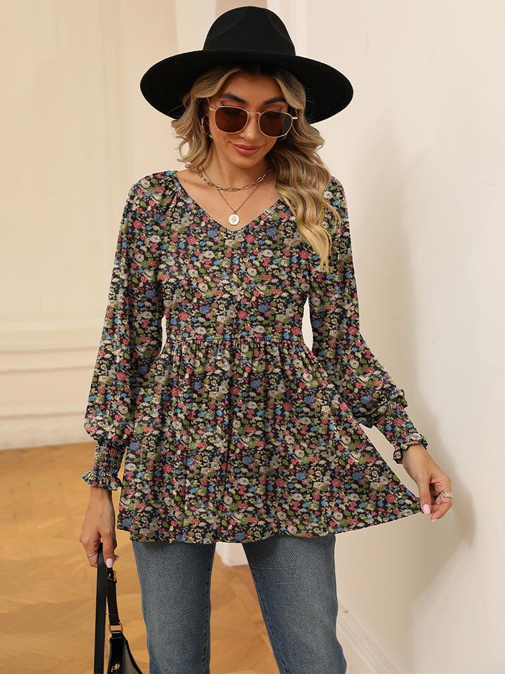 Women's Casual Puff Sleeve Floral Tunic Tops V-Neck Blouse T-Shirts For Women Floral Print Tops