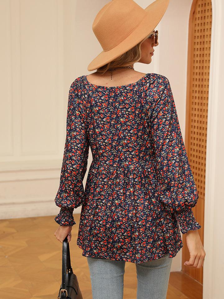 Women's Casual Puff Sleeve Floral Tunic Tops V-Neck Blouse T-Shirts For Women Floral Print Tops