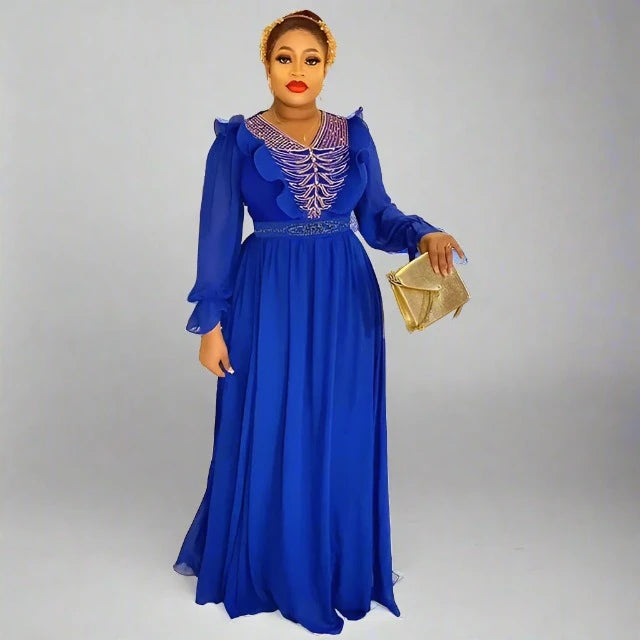 African women Dress Africa long sleeve dress maiden fashion stand collar chiffon Plus Size long solid color dress with belt