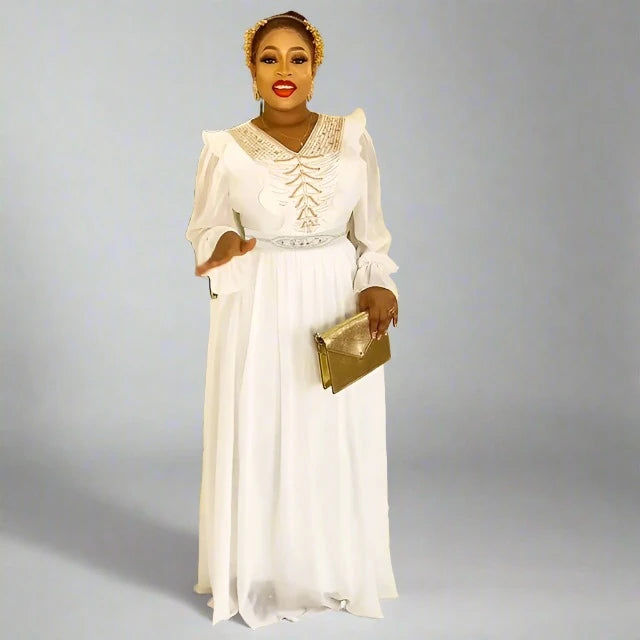 African women Dress Africa long sleeve dress maiden fashion stand collar chiffon Plus Size long solid color dress with belt