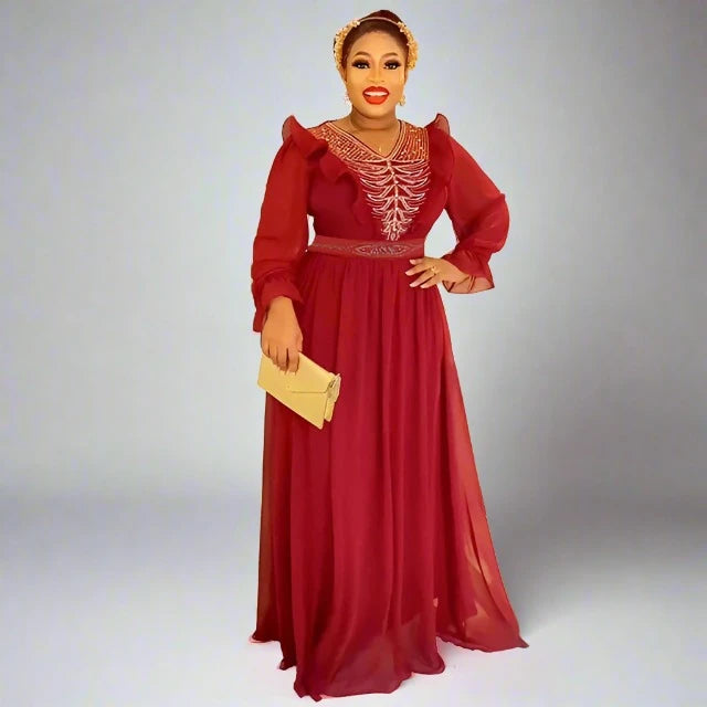 African women Dress Africa long sleeve dress maiden fashion stand collar chiffon Plus Size long solid color dress with belt