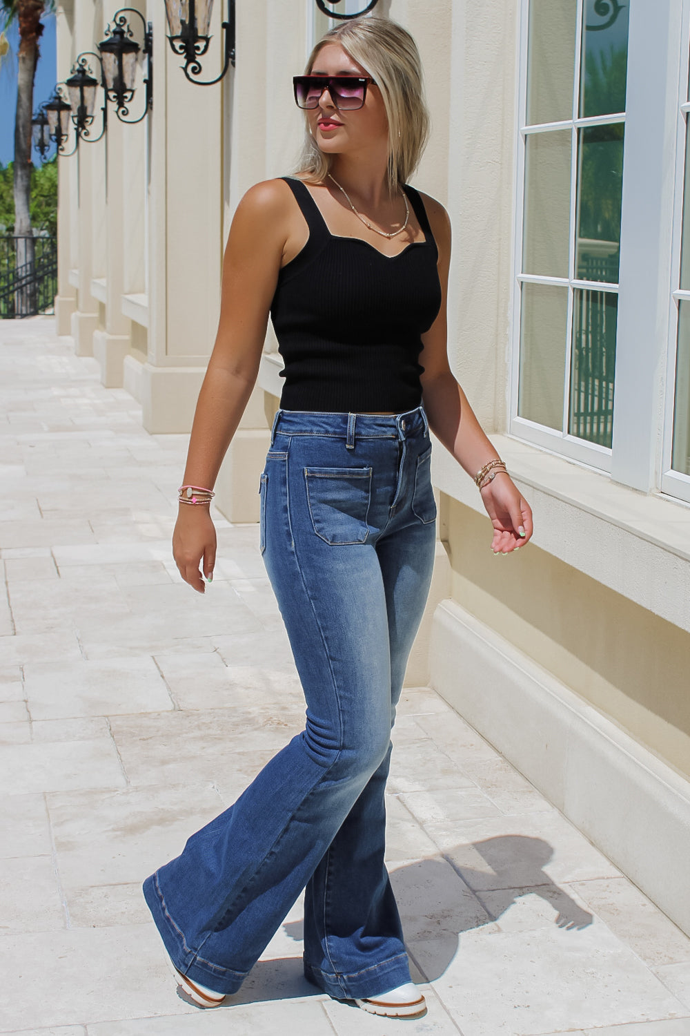 Women Slim Flare Long Jeans Mid Waist Pocket Denim Pants