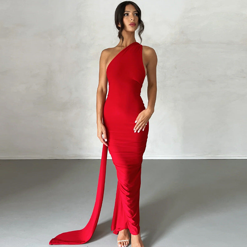 Backless pleated Slim Solid color Sleeveless Temperament Dress