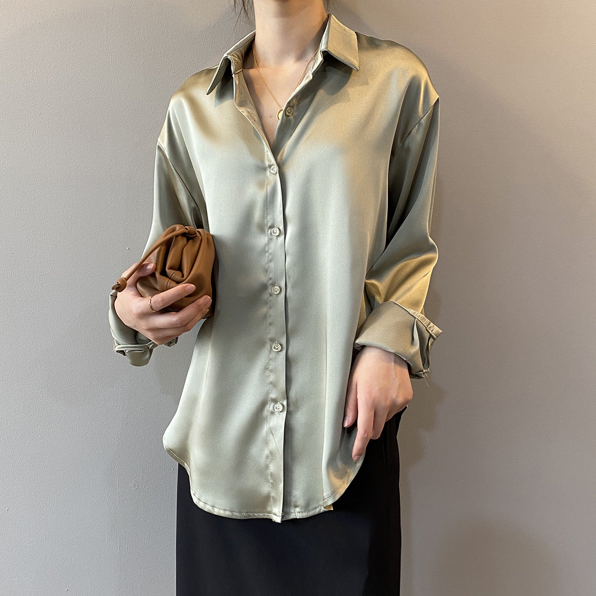 Long Sleeves V Neck Satin Blouse Vintage Satin Blouse