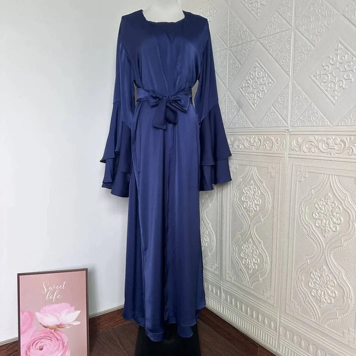 Ramadan Eid Dubai Turkish Elegant Modest Custom Women Muslim Dress Abaya Trumpet Sleeve Kaftan Satin Abaya 2 Piece Set