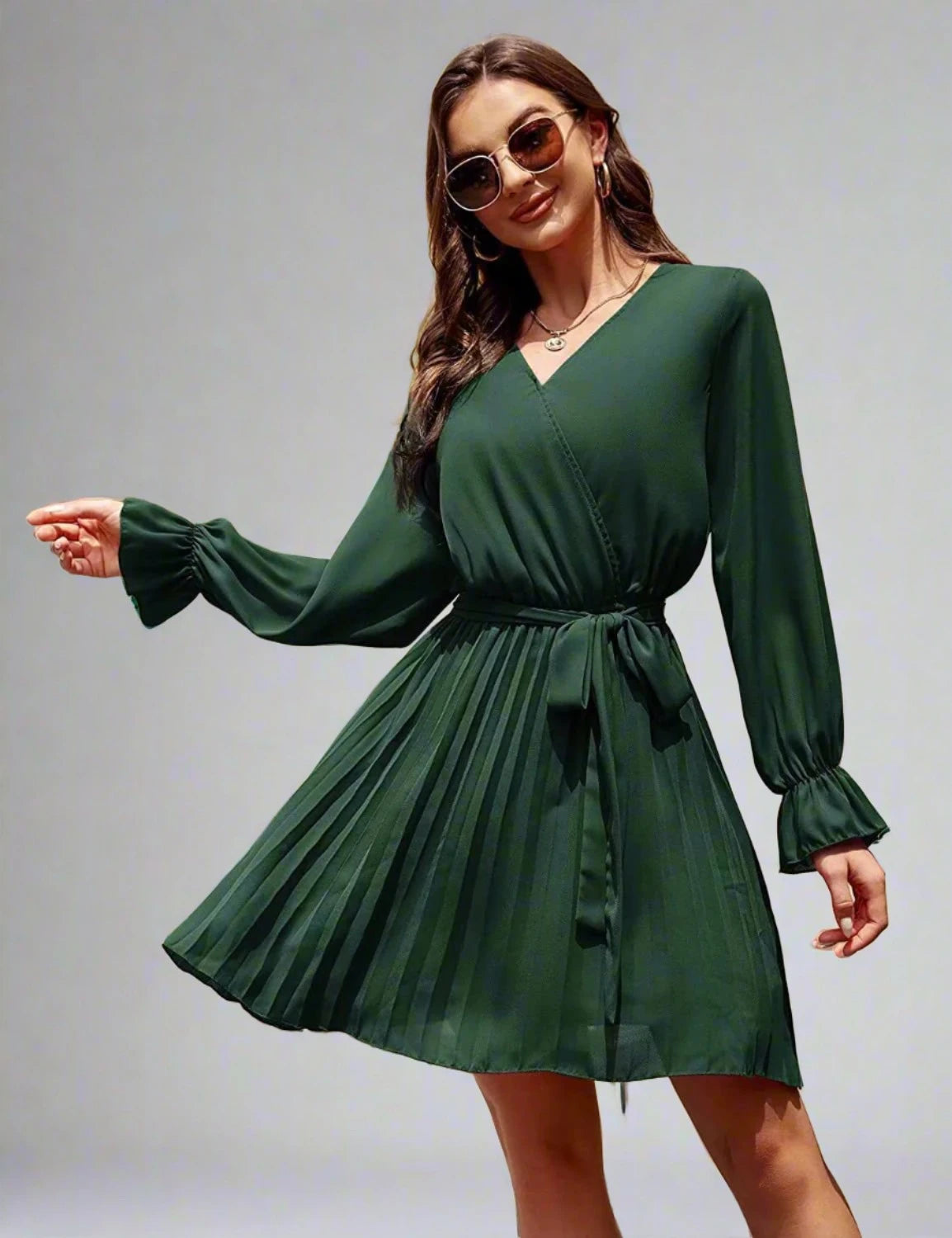 Women's Fashion Dress Long Sleeve Elegant Dress Casual V-neck Pleated Mini Dress with Belt