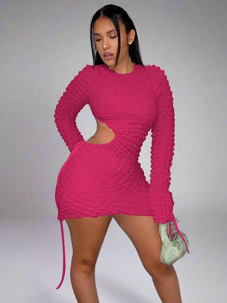 New trendy wrinkle fabric sexy waist hollow out dress ladies long sleeve women dress