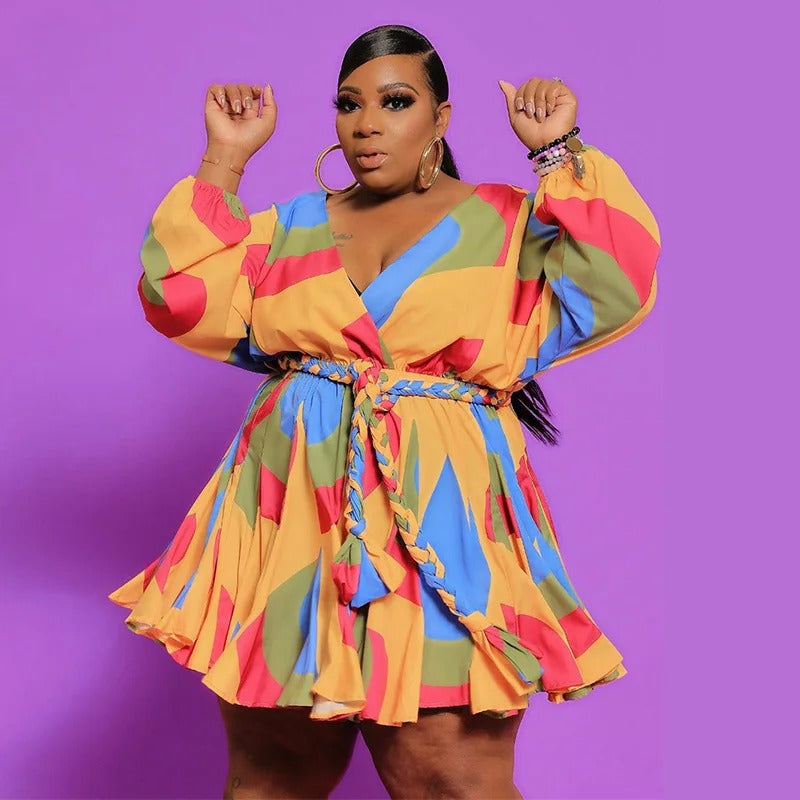 V-neck long sleeve plus size skirt dress (belt included)