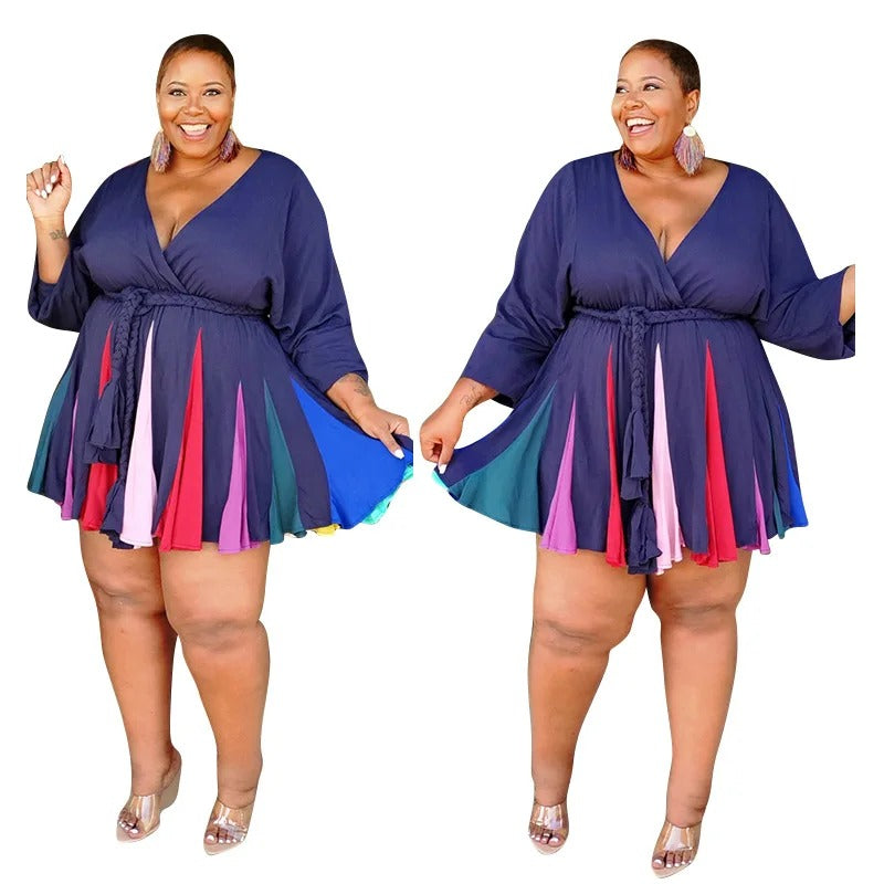 V-neck long sleeve plus size skirt dress (belt included)