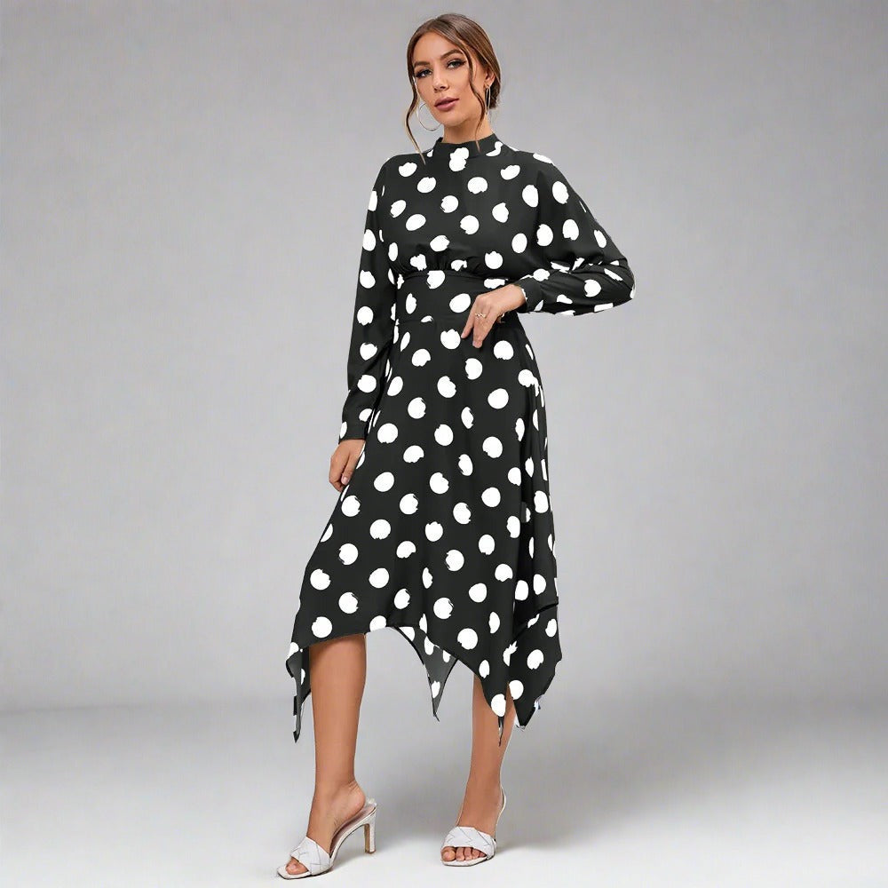 Long Sleeve Polka Dot Dress Fashion Elegant Print Tightening Belt  Long Dresses