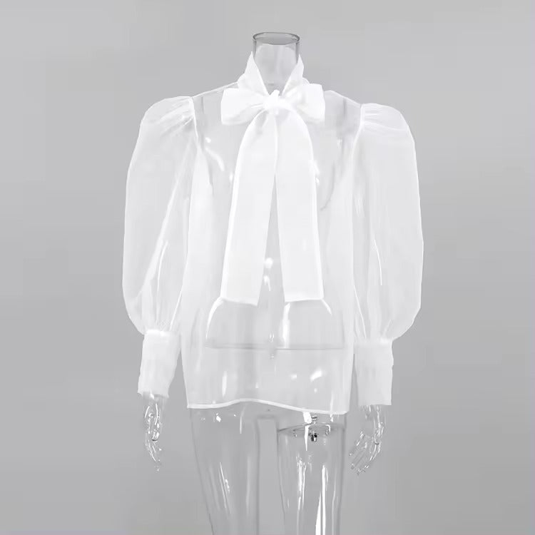 Street Sheer Mesh Bow  Puff Sleeve Blouse