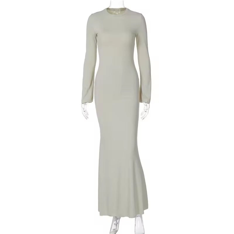 Plain Round Neck Ribbed Long Sleeves Bodycon Long Dress