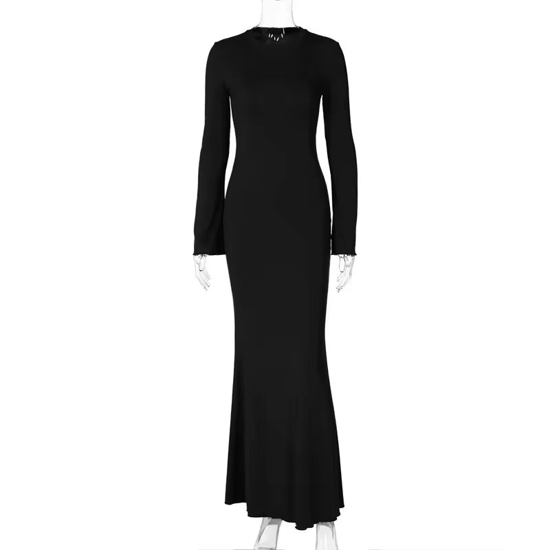 Plain Round Neck Ribbed Long Sleeves Bodycon Long Dress