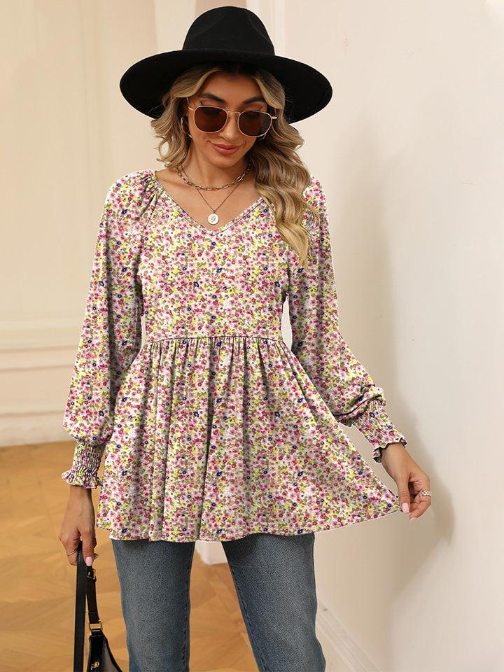 Women's Casual Puff Sleeve Floral Tunic Tops V-Neck Blouse T-Shirts For Women Floral Print Tops