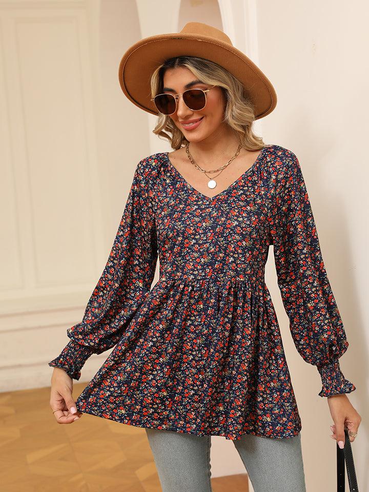 Women's Casual Puff Sleeve Floral Tunic Tops V-Neck Blouse T-Shirts For Women Floral Print Tops