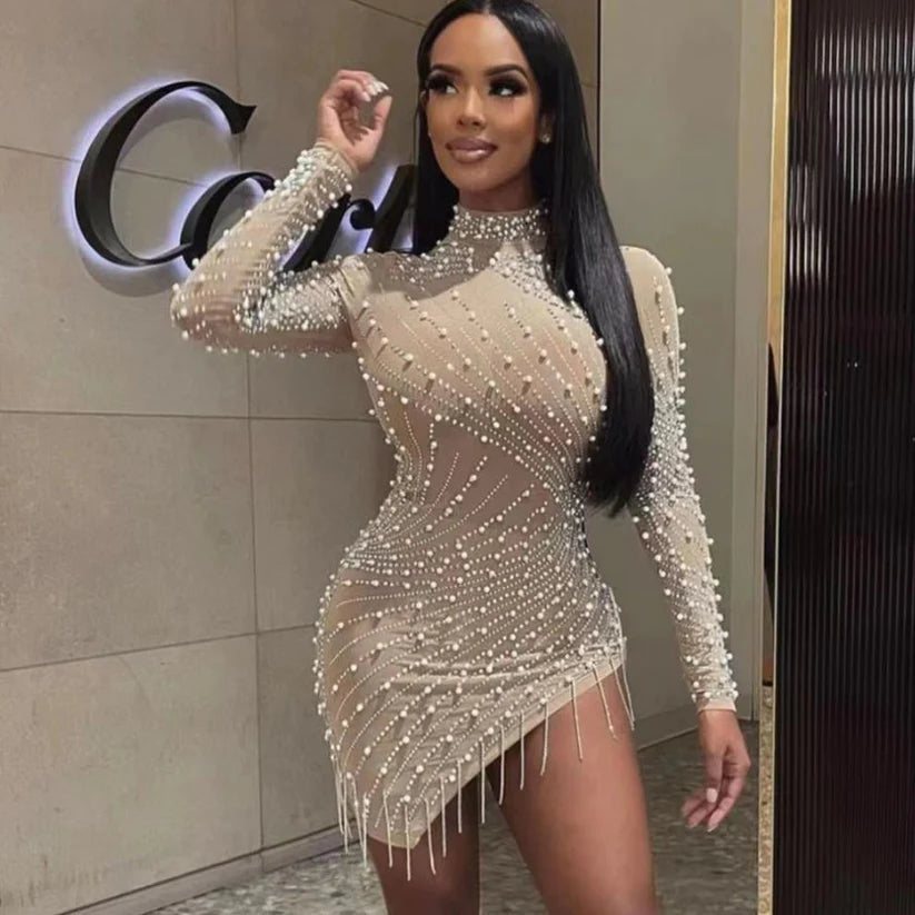 Women Net yarn perspective Hot drill bubble bead tassel round collar club sexy party dresses