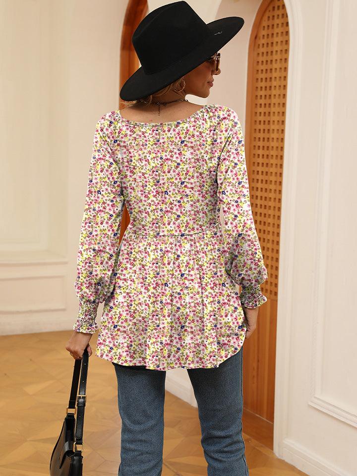 Women's Casual Puff Sleeve Floral Tunic Tops V-Neck Blouse T-Shirts For Women Floral Print Tops