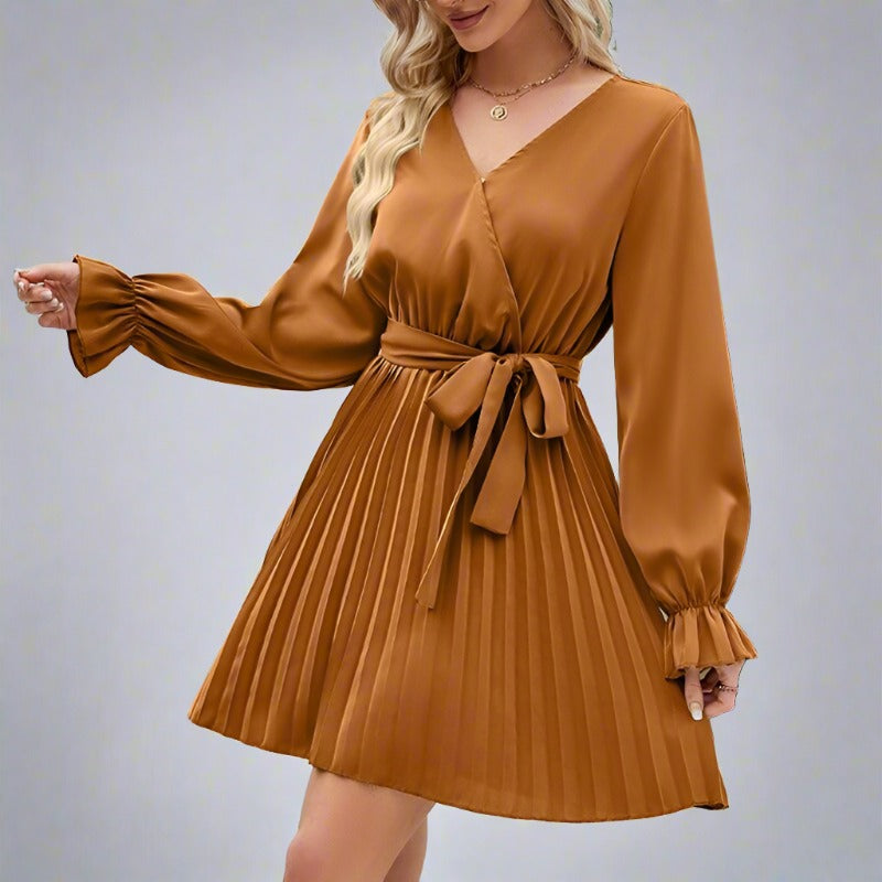 Women's Fashion Dress Long Sleeve Elegant Dress Casual V-neck Pleated Mini Dress with Belt