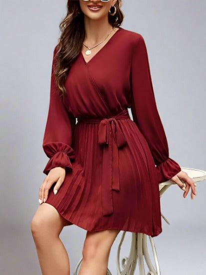 Women's Fashion Dress Long Sleeve Elegant Dress Casual V-neck Pleated Mini Dress with Belt